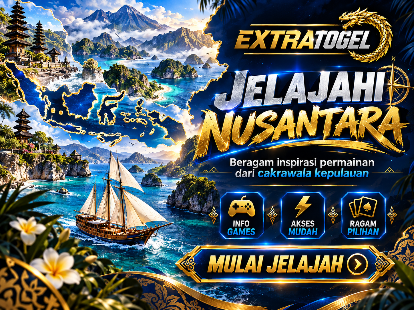 Banner EXTRATOGEL berupa ilustrasi kepulauan Nusantara, perahu layar, dan pegunungan biru emas